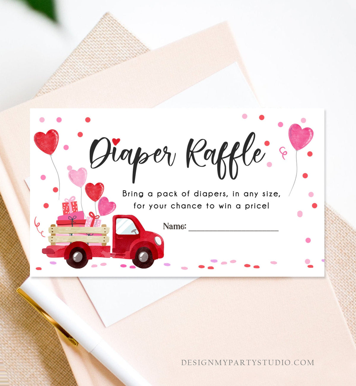 Editable Drive By Diaper Raffle Ticket Sweetheart Valentine Baby Shower Hearts Pink Girl Red Through Truck Diaper Game Corjl Template 0365