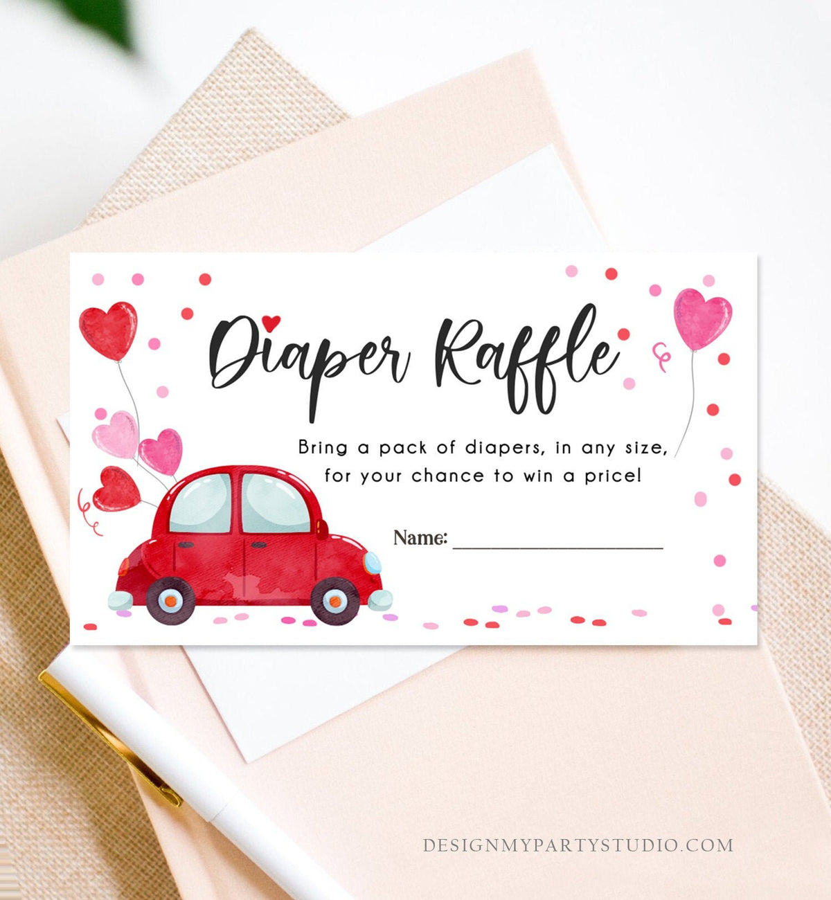 Editable Drive By Diaper Raffle Ticket Sweetheart Valentine Baby Shower Hearts Pink Girl Red Through Car Diaper Game Corjl Template 0365