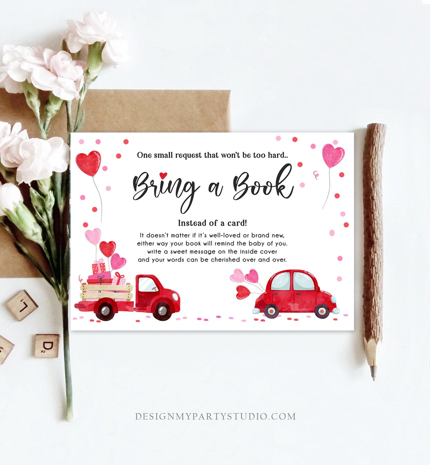 Editable Drive By Bring a Book Card Baby Shower Sweetheart Valentine Pink Girl Drive Through Book Request Car Red Truck Corjl Template 0365