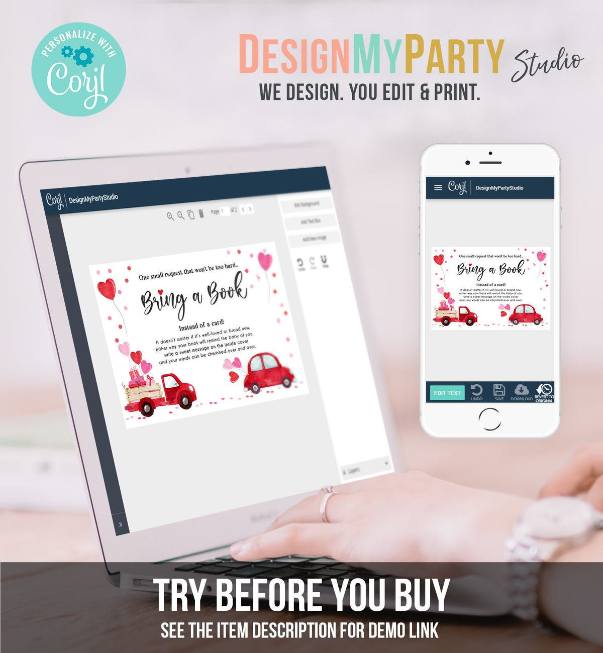 Editable Drive By Bring a Book Card Baby Shower Sweetheart Valentine Pink Girl Drive Through Book Request Car Red Truck Corjl Template 0365