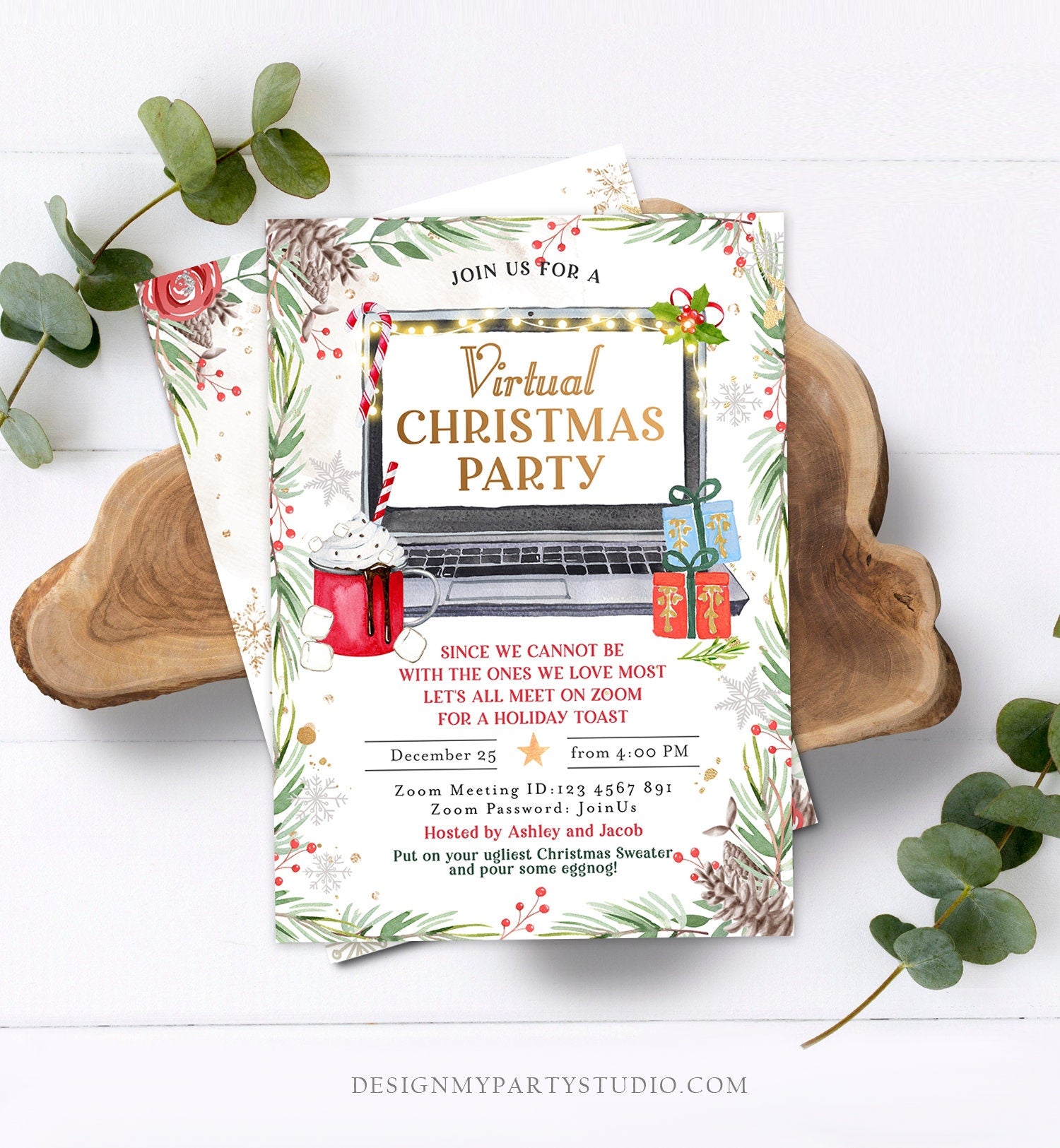 Editable Virtual Christmas Party Invitation Christmas Toast Zoom Invite Quarantine Social Distancing Laptop Printable Template Corjl 0356