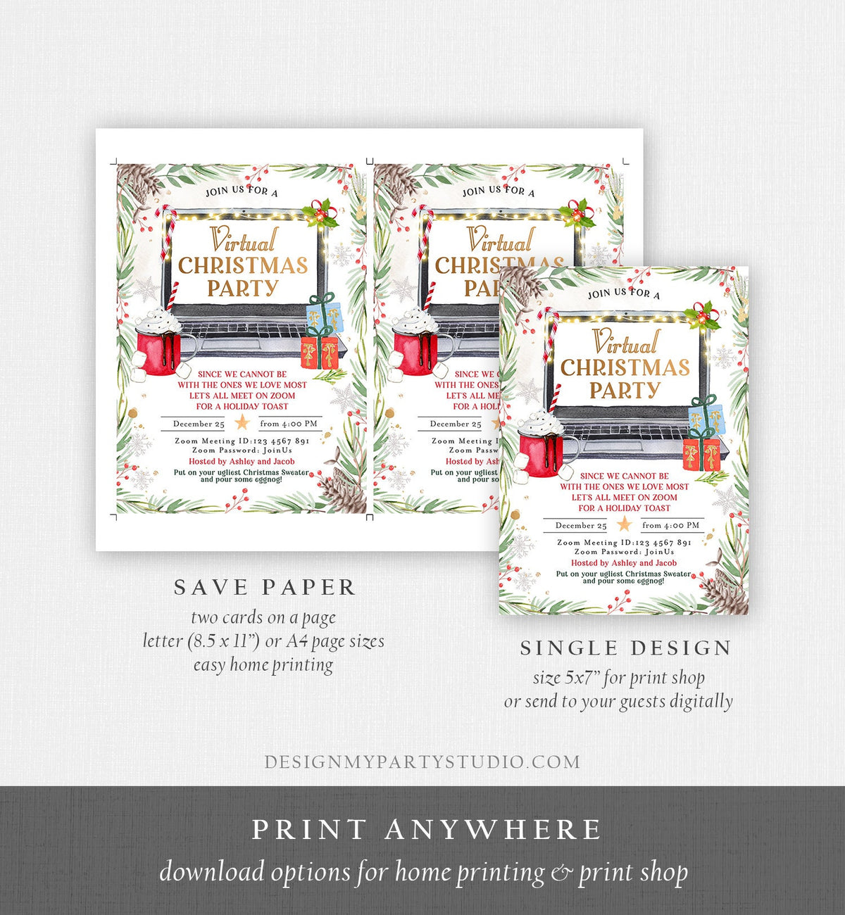 Editable Virtual Christmas Party Invitation Christmas Toast Zoom Invite Quarantine Social Distancing Laptop Printable Template Corjl 0356