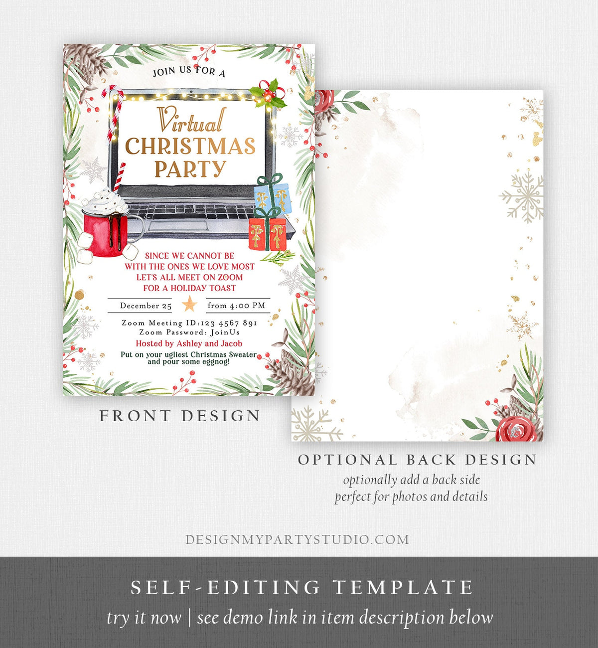 Editable Virtual Christmas Party Invitation Christmas Toast Zoom Invite Quarantine Social Distancing Laptop Printable Template Corjl 0356