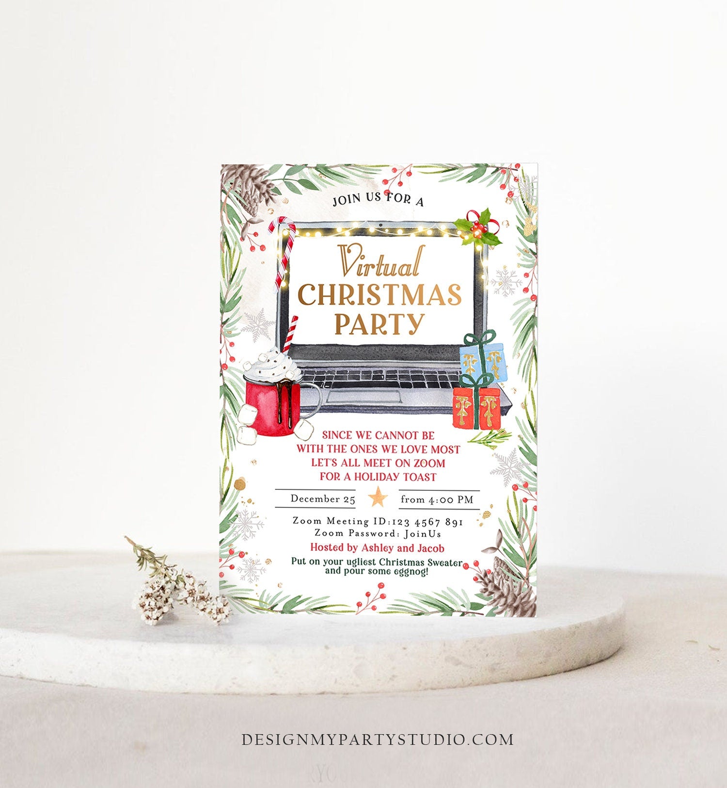 Editable Virtual Christmas Party Invitation Christmas Toast Zoom Invite Quarantine Social Distancing Laptop Printable Template Corjl 0356