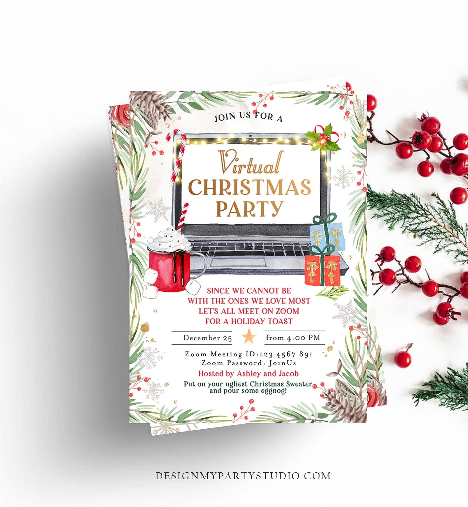 Editable Virtual Christmas Party Invitation Christmas Toast Zoom Invite Quarantine Social Distancing Laptop Printable Template Corjl 0356
