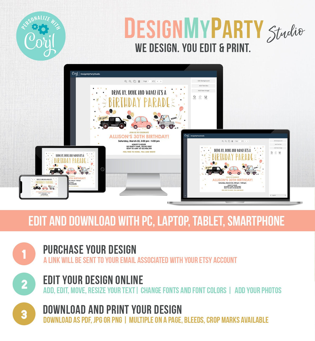 Editable Drive By Birthday Parade Invitation ANY AGE 30th Party Adult Coral Gold Girl Woman Drive Through Quarantine Digital Corjl 0337