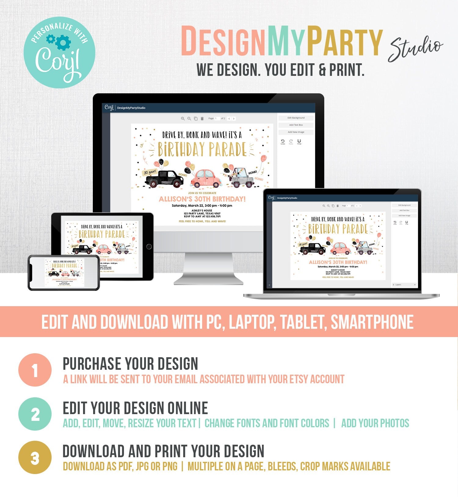 Editable Drive By Birthday Parade Invitation ANY AGE 30th Party Adult Coral Gold Girl Woman Drive Through Quarantine Digital Corjl 0337