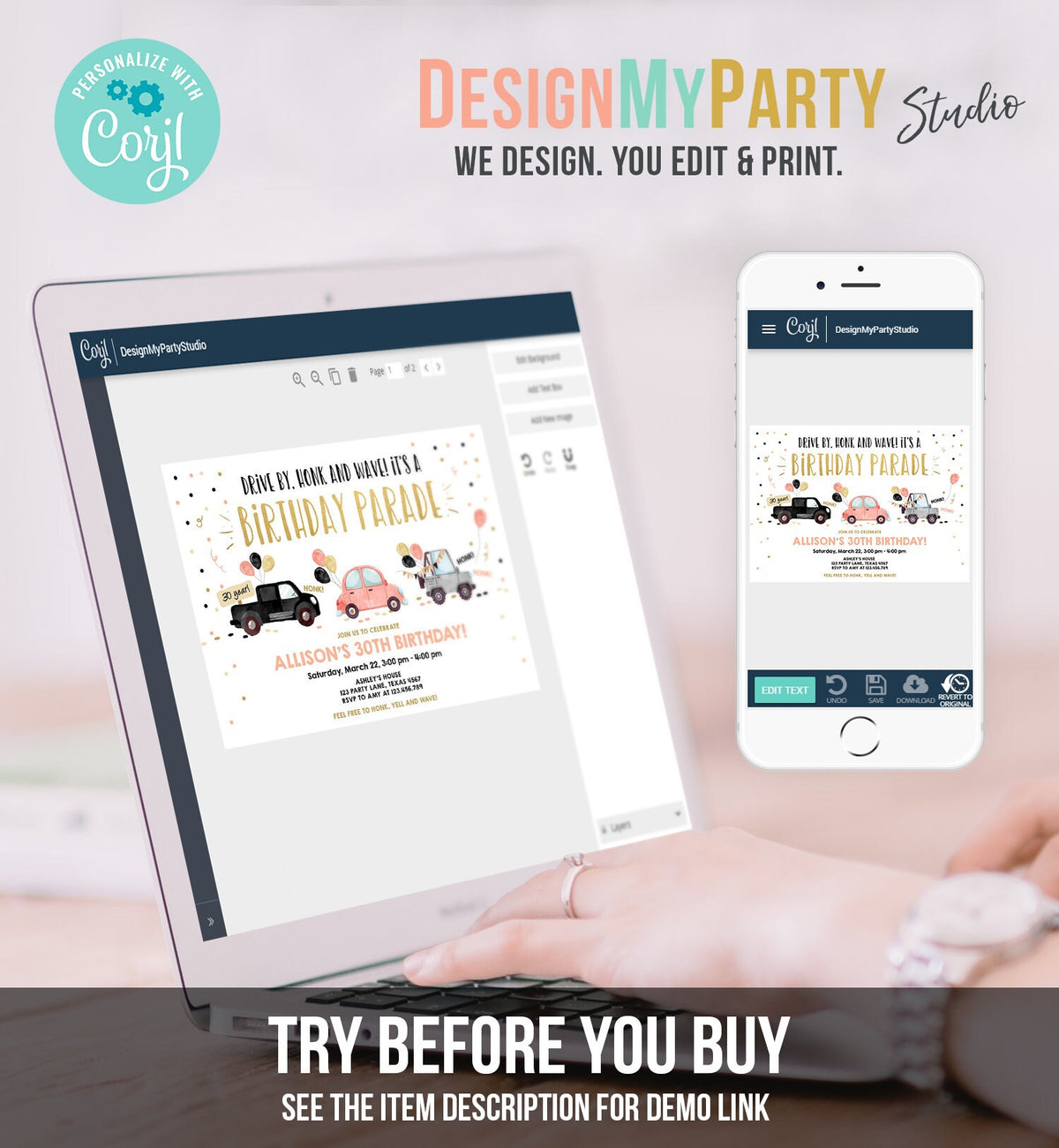 Editable Drive By Birthday Parade Invitation ANY AGE 30th Party Adult Coral Gold Girl Woman Drive Through Quarantine Digital Corjl 0337