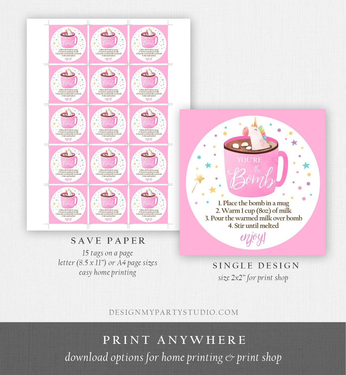 Editable Unicorn Hot Chocolate Bomb Tags Bomb Instructions Valentine Christmas You&#39;re The Bomb Sticker Magical Pink Digital PRINTABLE 0336