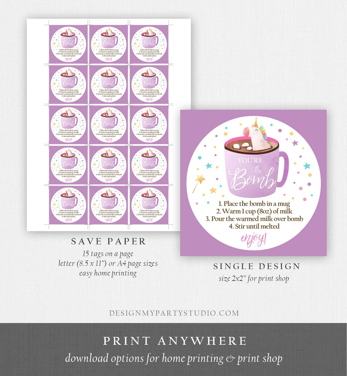 Editable Unicorn Hot Chocolate Bomb Tags Bomb Instructions Valentine Christmas You&#39;re The Bomb Sticker Magical Purple Digital PRINTABLE 0336