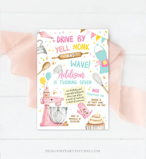 Editable Baking Drive By Birthday Party Invitation Kids Cooking Drive Through Girl Chef Kitchen Cupcakes Pink Corjl Template Printable 0364