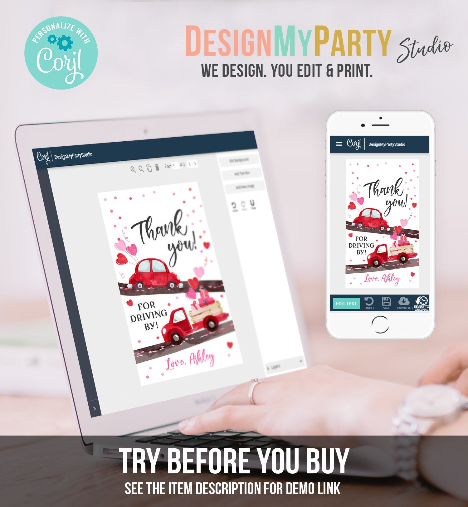 Editable Drive By Favor Tag Sweetheart Valentine Hearts Drive Through Baby Shower Bridal Shower Birthday Thank You Gift Tags Girl Corjl 0365