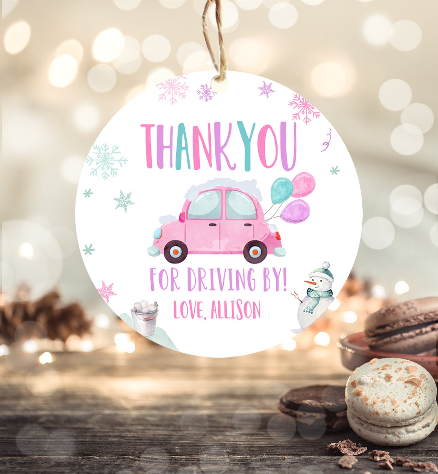 Editable Winter Drive By Favor Tag Drive By Birthday Party Parade Thank You Gift Tags Round Square Pink Girl Corjl Template Printable 0333