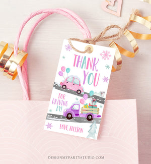 Editable Winter Drive By Favor Tag Drive By Birthday Party Parade Thank You Gift Tags Round Square Pink Girl Corjl Template Printable 0333