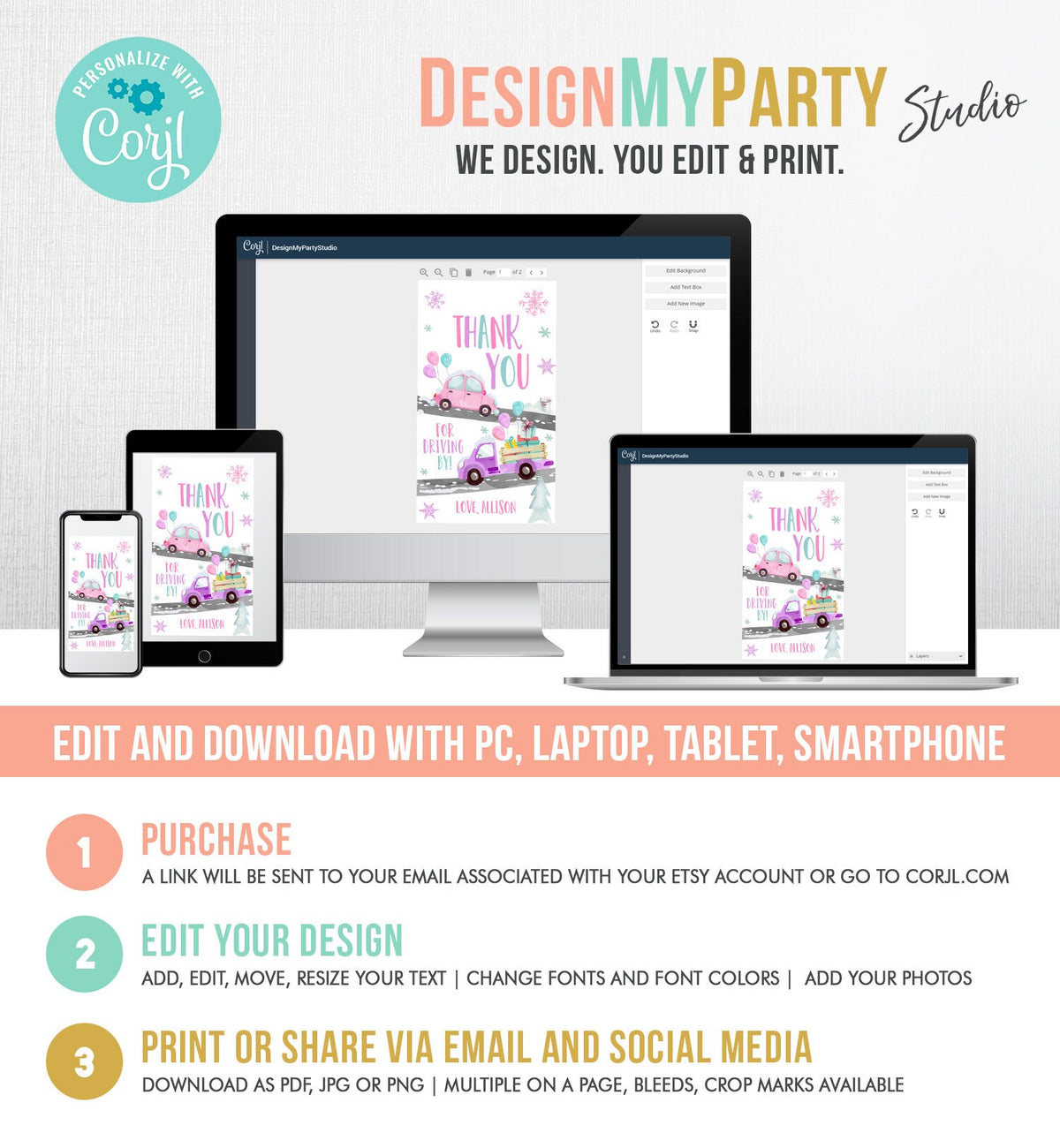 Editable Winter Drive By Favor Tag Drive By Birthday Party Parade Thank You Gift Tags Round Square Pink Girl Corjl Template Printable 0333