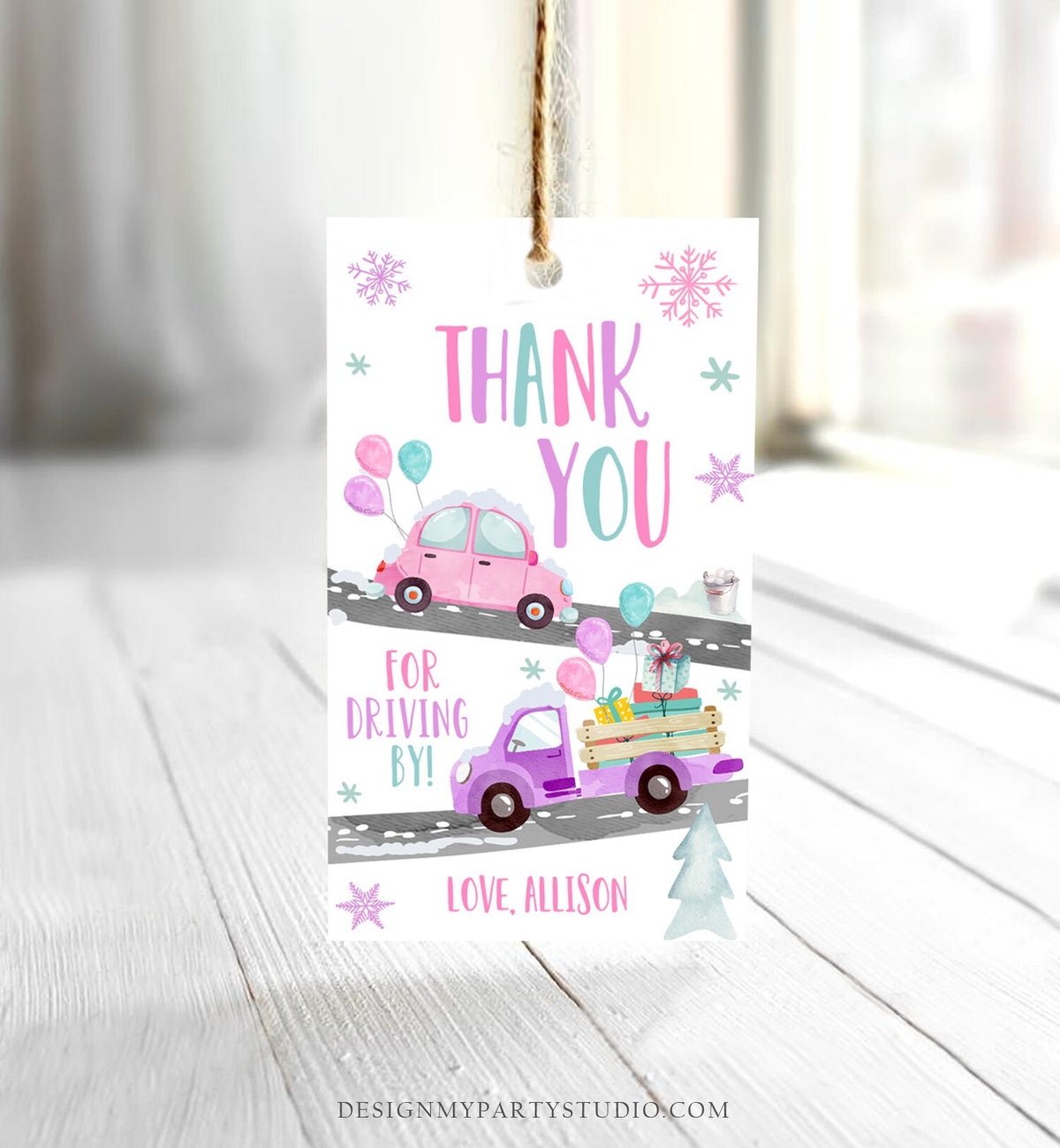 Editable Winter Drive By Favor Tag Drive By Birthday Party Parade Thank You Gift Tags Round Square Pink Girl Corjl Template Printable 0333