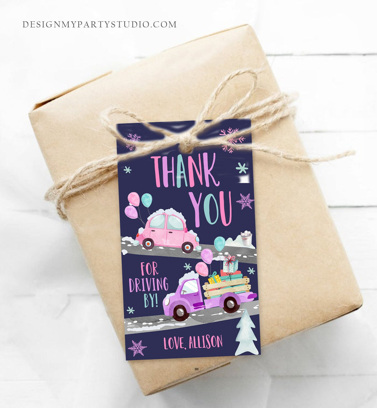 Editable Winter Drive By Favor Tag Drive By Birthday Party Parade Thank You Gift Tags Through Pink Girl Corjl Template Printable 0333