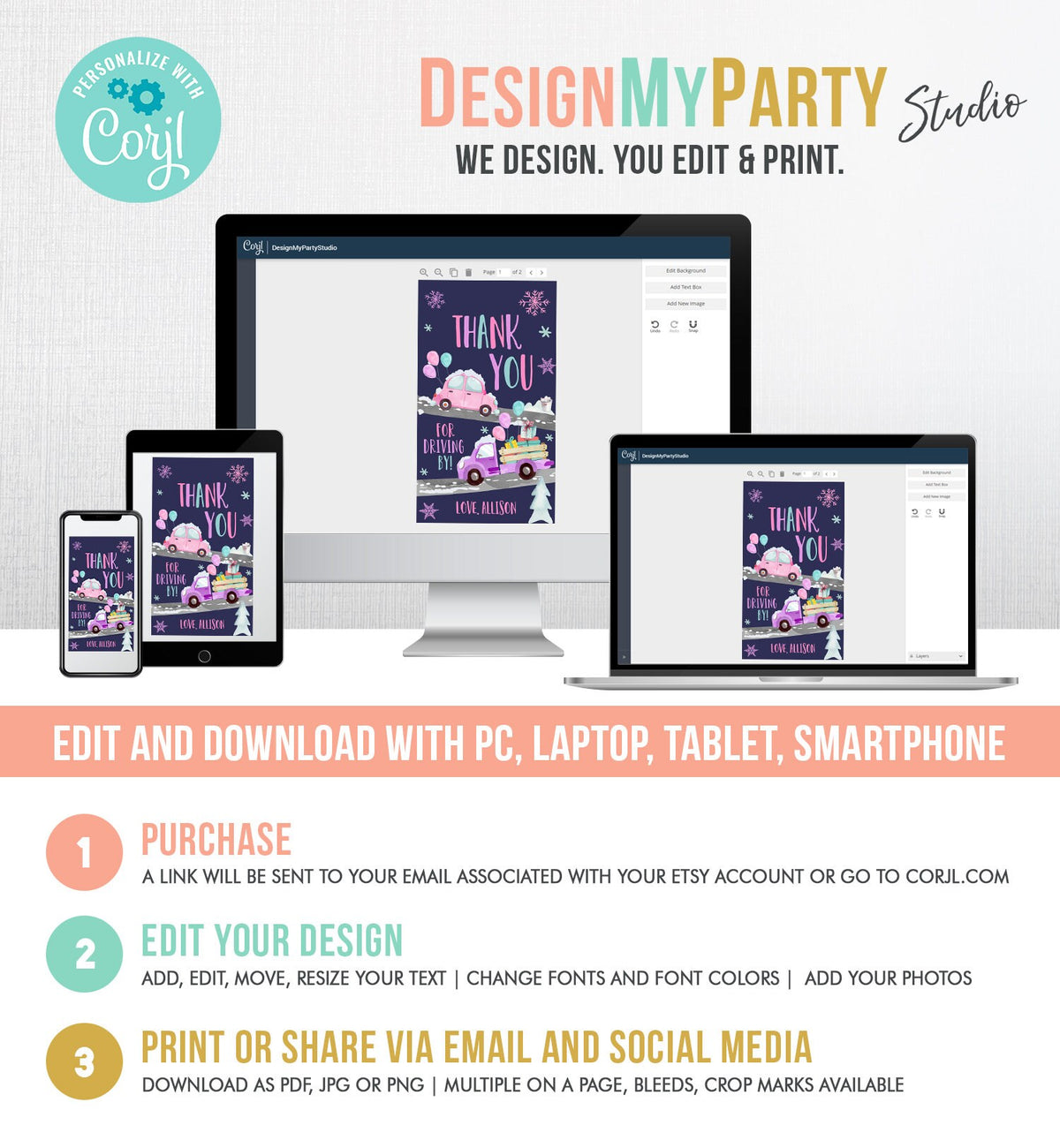 Editable Winter Drive By Favor Tag Drive By Birthday Party Parade Thank You Gift Tags Through Pink Girl Corjl Template Printable 0333