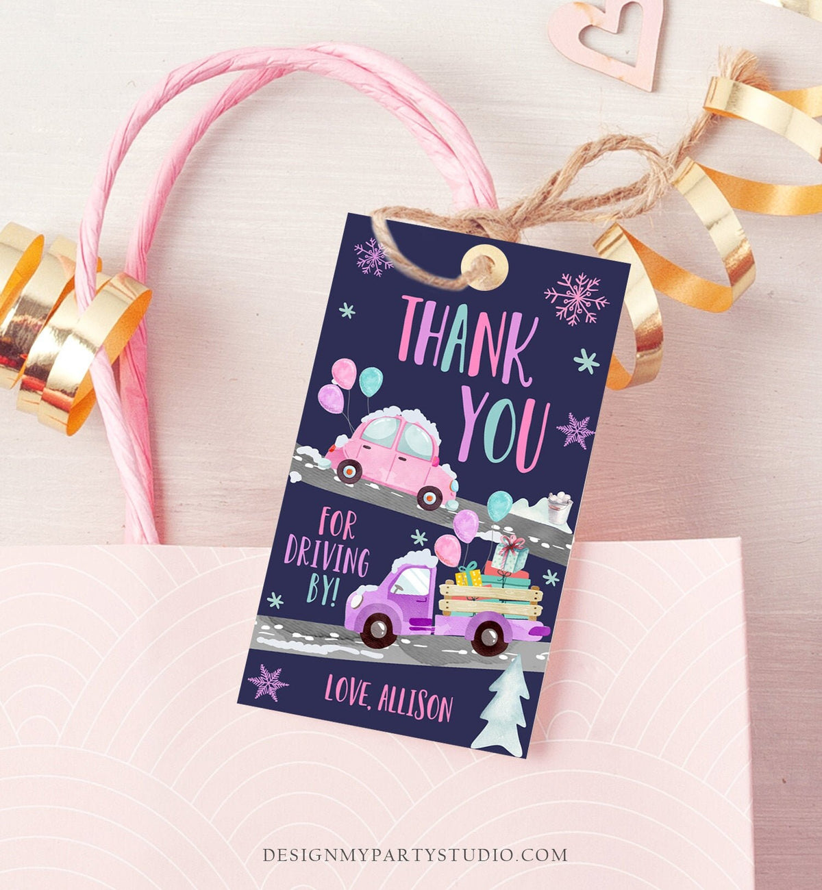 Editable Winter Drive By Favor Tag Drive By Birthday Party Parade Thank You Gift Tags Through Pink Girl Corjl Template Printable 0333