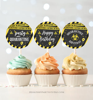 Quarantine Cupcake Toppers Favor Tags Birthday Party Boy Yellow Social Distancing Drive By Drive Through Digital Download PRINTABLE 0334