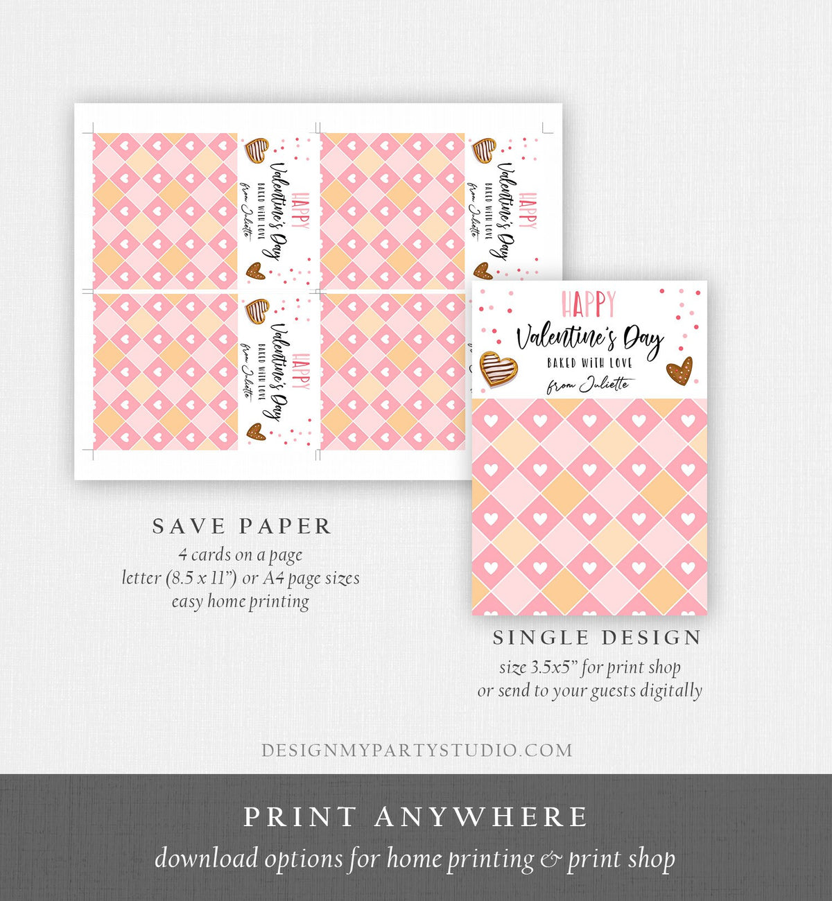 Editable Personalized Cookie Card Happy Valentine&#39;s Day Mini Cookie Card Gift Tag Cookie Packaging Printable Download Template Corjl 0370