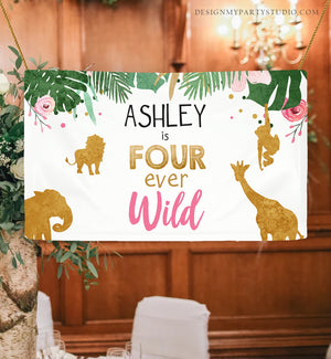 Editable Safari Animals Birthday Backdrop Banner Girl Pink Four Ever Wild 4th Birthday Welcome Sign Download Corjl Template Printable 0016