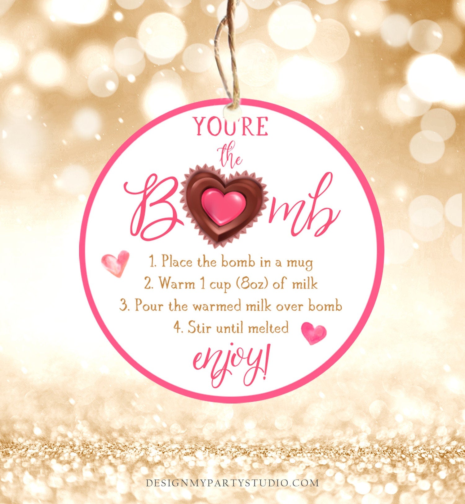 Editable Hot Chocolate Bomb Tag Valentine's Day Hot Cocoa Bomb You're The Bomb Heart Pink Valentine Gift Tag Digital Download Printable 0370
