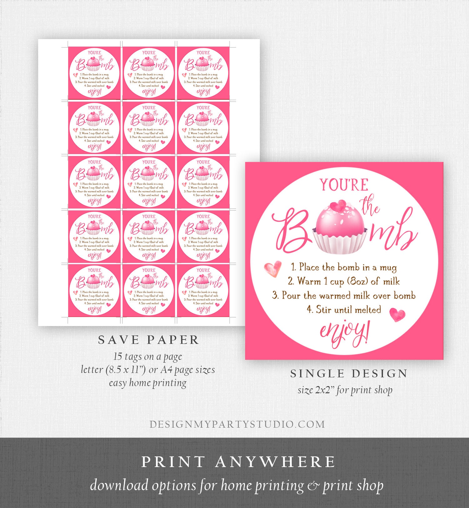 Editable Hot Chocolate Bomb Tag Valentine's Day Hot Cocoa Bomb You're The Bomb Heart Pink Valentine Gift Tag Digital Download Printable 0370