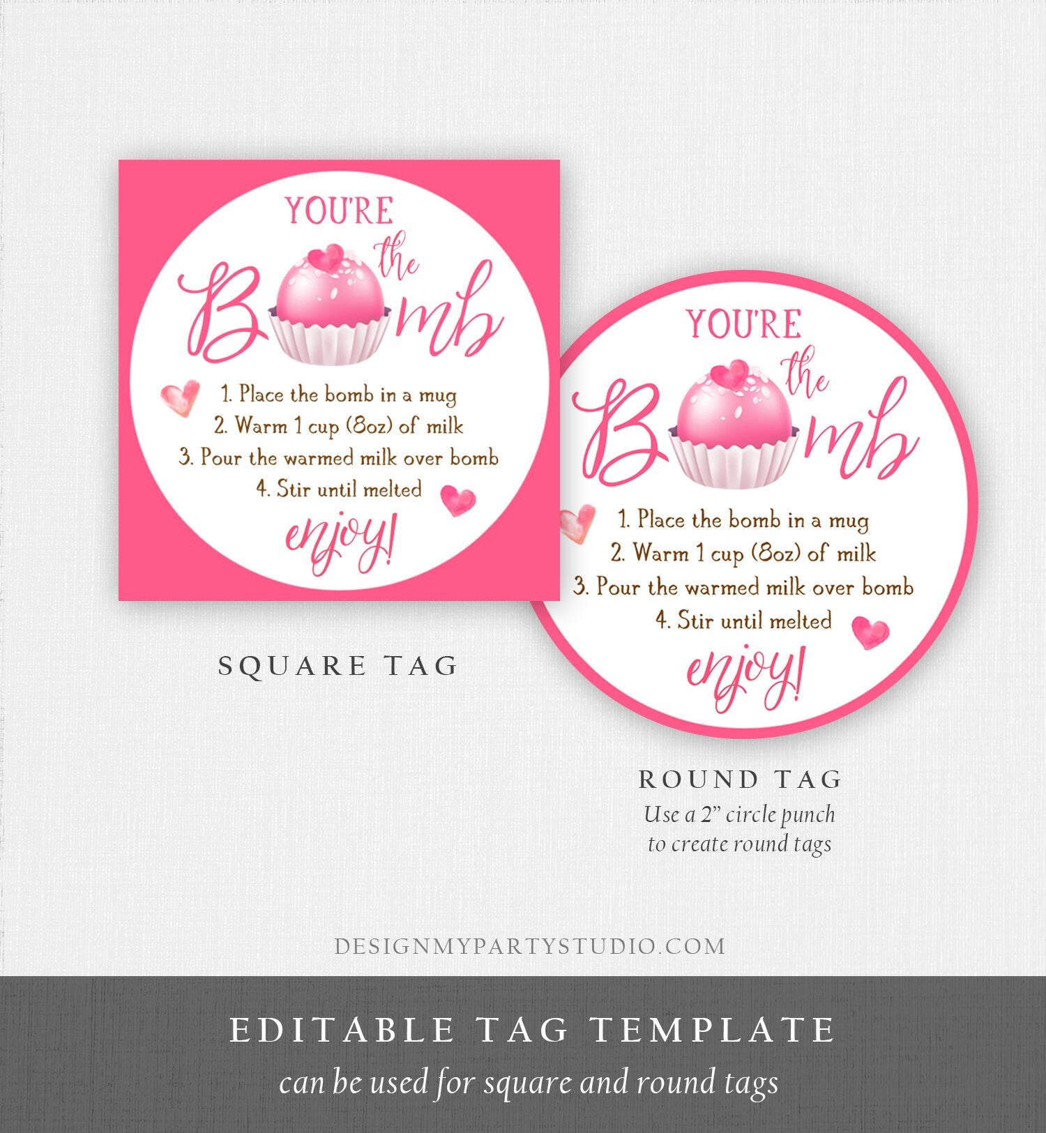 Editable Hot Chocolate Bomb Tag Valentine's Day Hot Cocoa Bomb You're The Bomb Heart Pink Valentine Gift Tag Digital Download Printable 0370