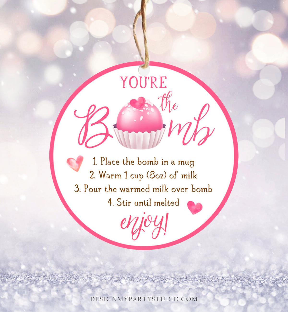 Editable Hot Chocolate Bomb Tag Valentine&#39;s Day Hot Cocoa Bomb You&#39;re The Bomb Heart Pink Valentine Gift Tag Digital Download Printable 0370