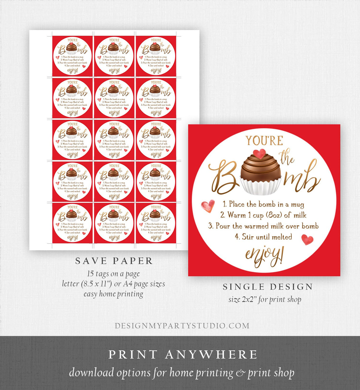 Editable Hot Chocolate Bomb Tag Valentine&#39;s Day Hot Cocoa Bomb You&#39;re The Bomb Heart Pink Valentine Gift Tag Digital Download Printable 0370