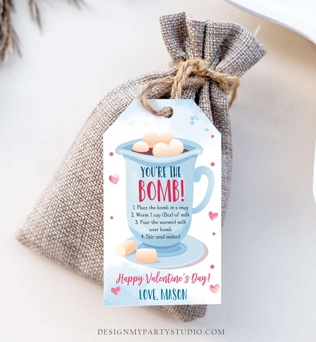 Editable Hot Chocolate Bomb Tag Valentine&#39;s Day Hot Cocoa Bomb You&#39;re The Bomb Heart Pink Valentine Gift Tag Digital Download Printable 0370