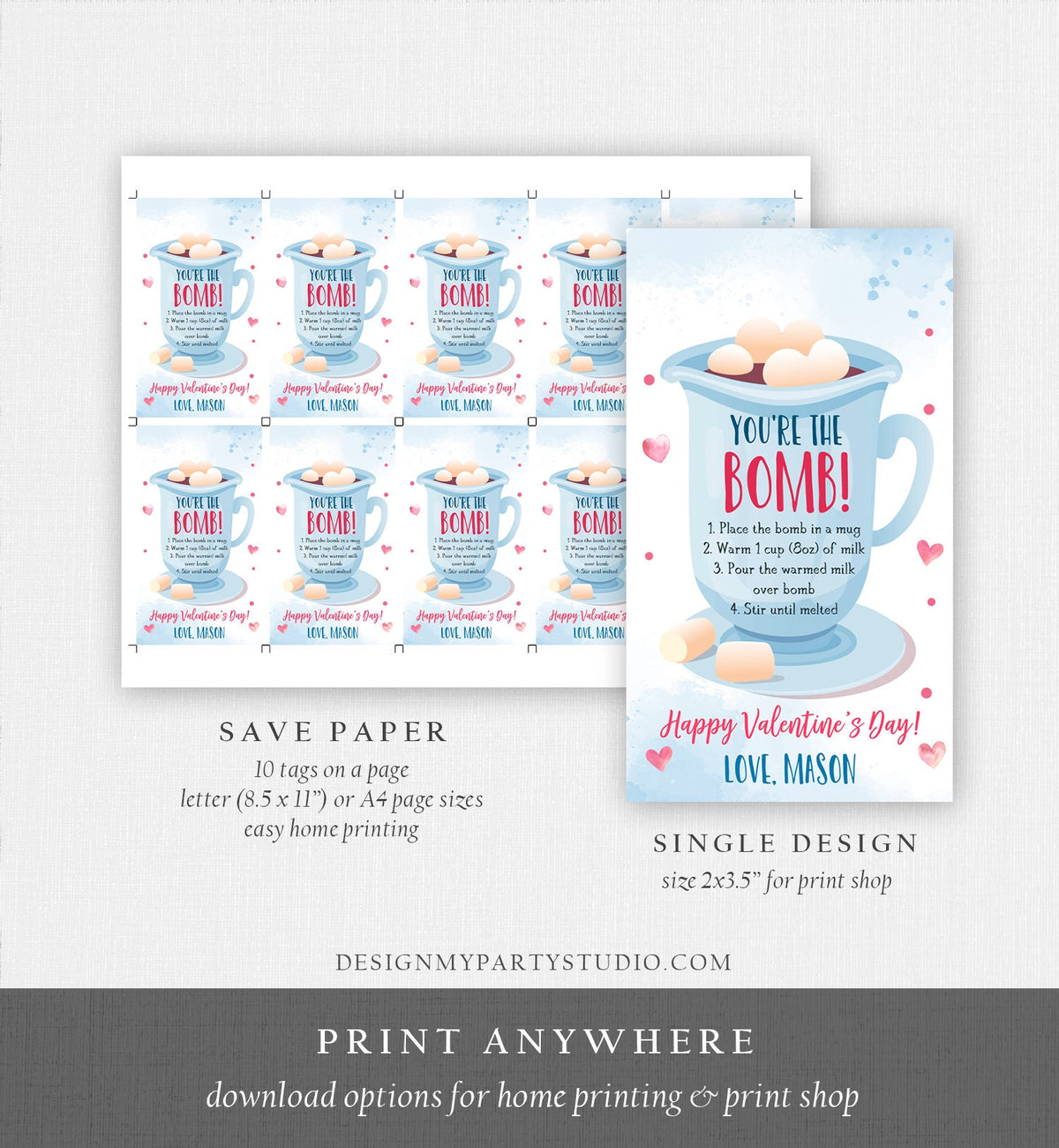 Editable Hot Chocolate Bomb Tag Valentine&#39;s Day Hot Cocoa Bomb You&#39;re The Bomb Heart Pink Valentine Gift Tag Digital Download Printable 0370