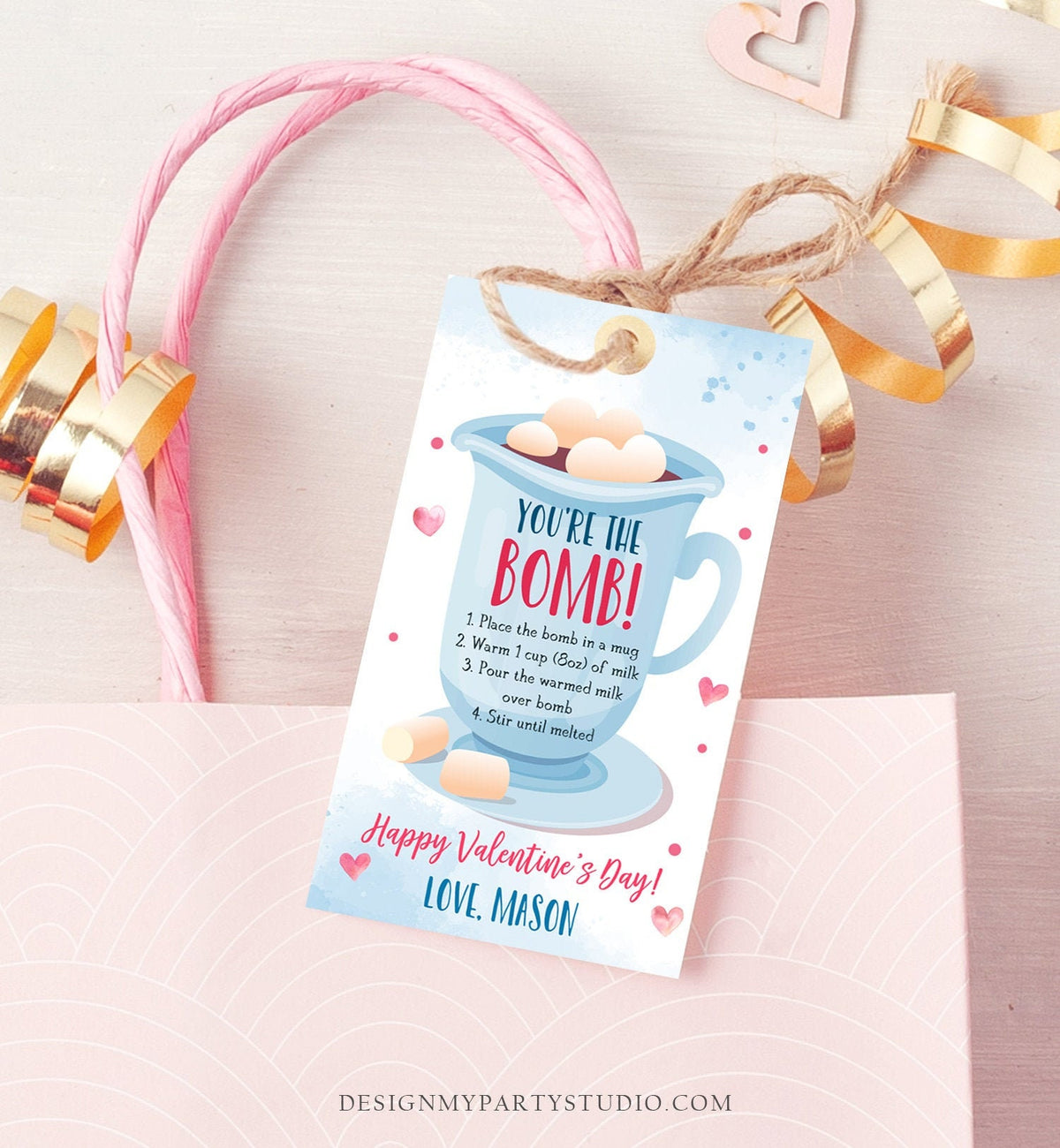 Editable Hot Chocolate Bomb Tag Valentine&#39;s Day Hot Cocoa Bomb You&#39;re The Bomb Heart Pink Valentine Gift Tag Digital Download Printable 0370