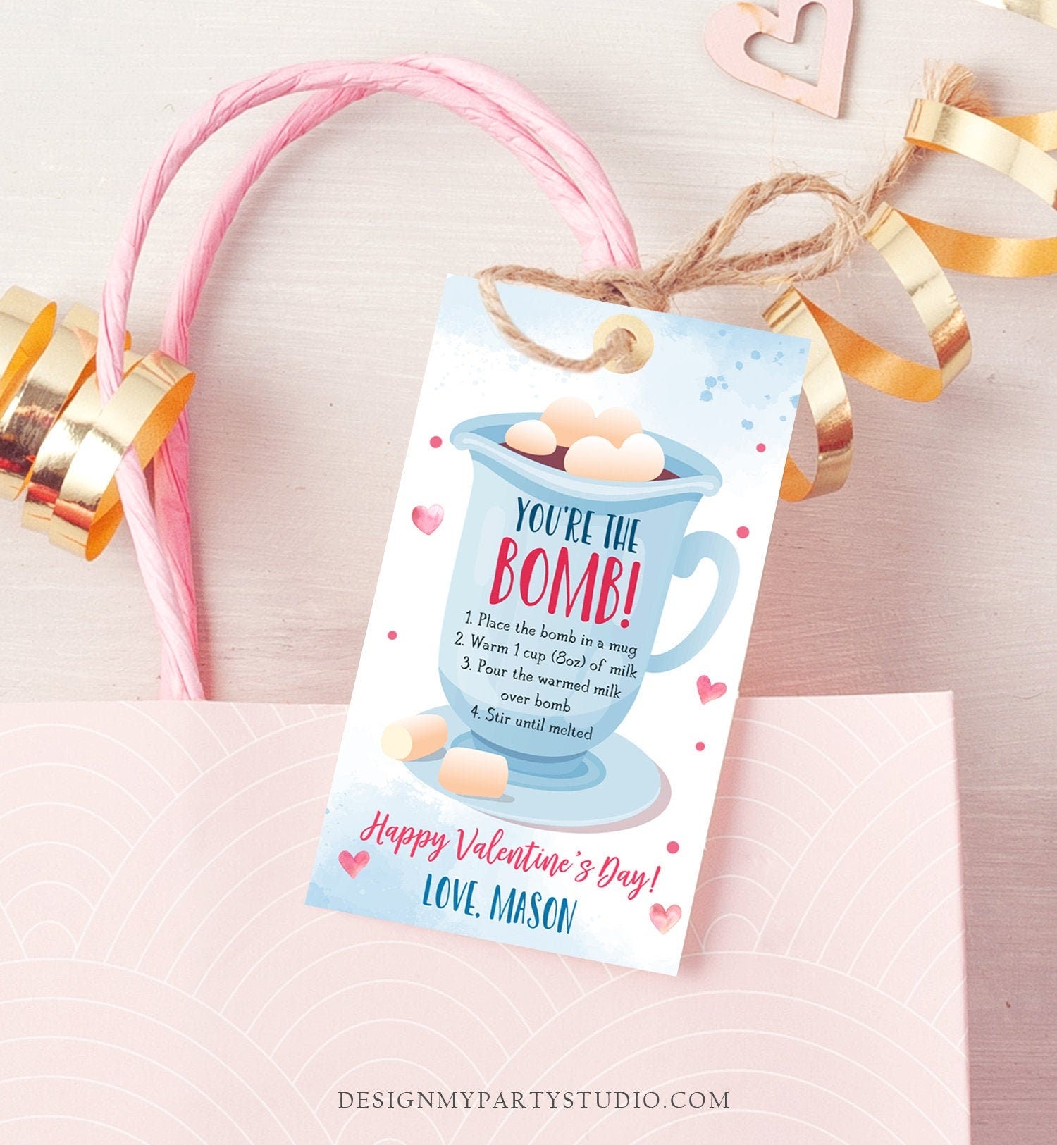 Editable Hot Chocolate Bomb Tag Valentine's Day Hot Cocoa Bomb You're The Bomb Heart Pink Valentine Gift Tag Digital Download Printable 0370