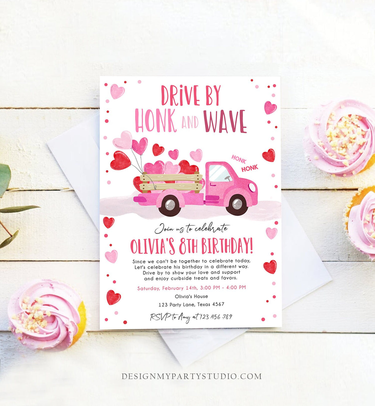 Editable Little Sweetheart Drive By Birthday Invitation Valentine Girl Hearts Pink Drive Through First 1st Corjl Template Printable 0365