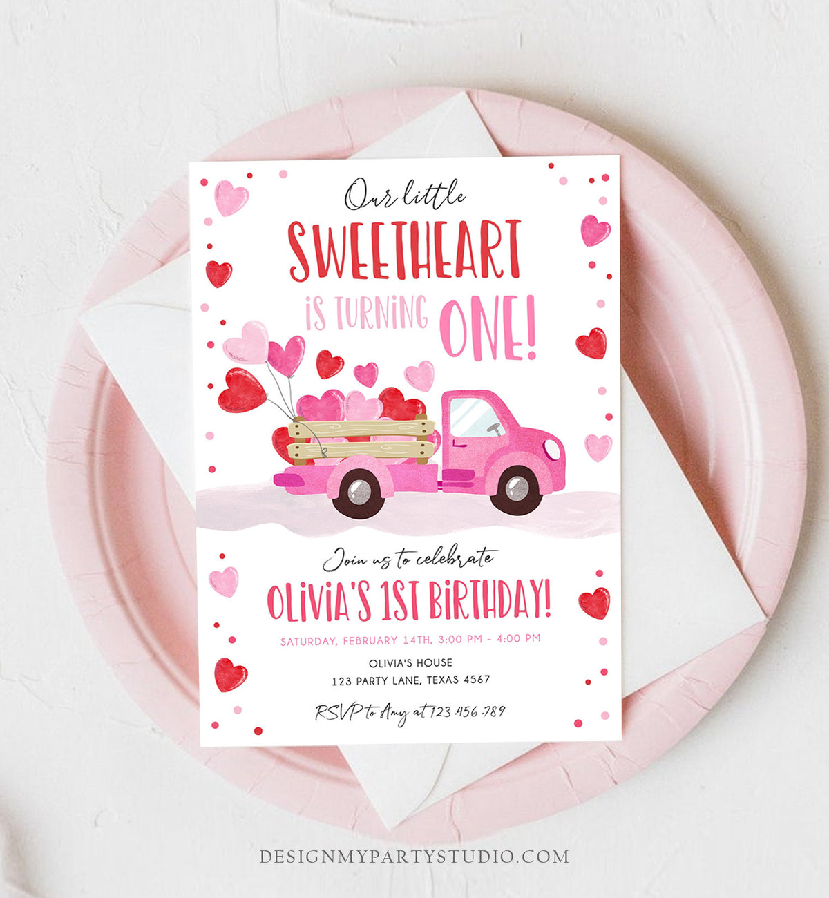 Editable Little Sweetheart Birthday Invitation Valentine Girl Hearts Pink Red First Birthday 1st Download Corjl Template Printable 0365