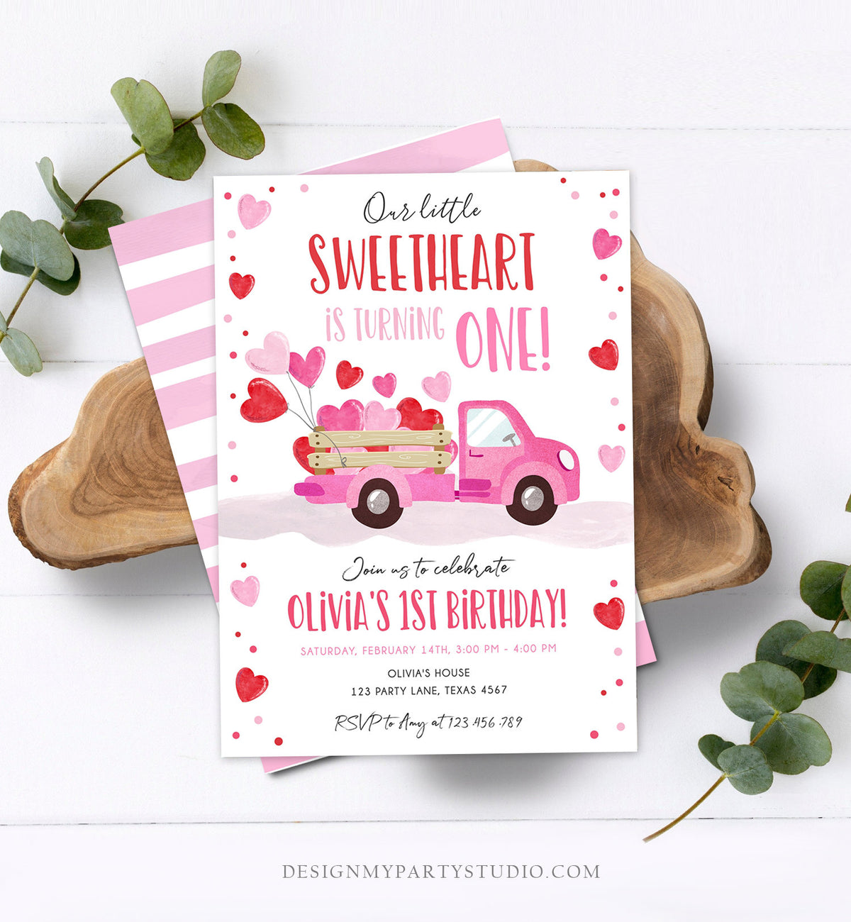 Editable Little Sweetheart Birthday Invitation Valentine Girl Hearts Pink Red First Birthday 1st Download Corjl Template Printable 0365