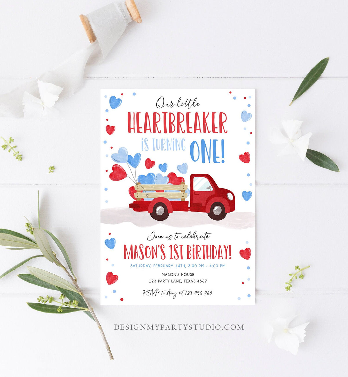 Editable Little Heartbreaker Birthday Invitation Valentine Boy Sweetheart Red Blue First Birthday 1st Download Corjl Template Printable 0365