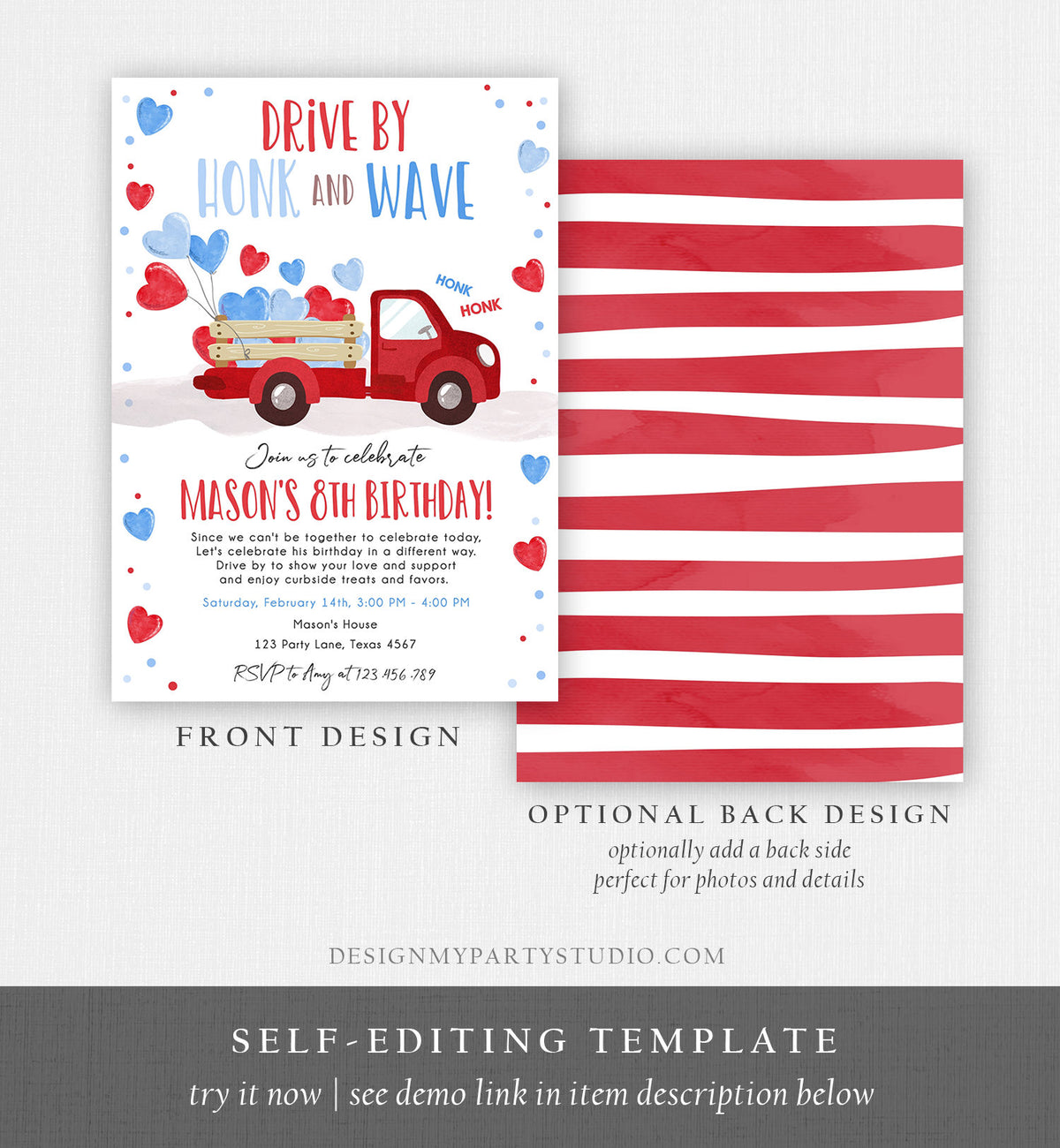 Editable Little Heartbreaker Drive By Birthday Invitation Valentine Boy Sweetheart Red Blue Drive Through Corjl Template Printable 0365