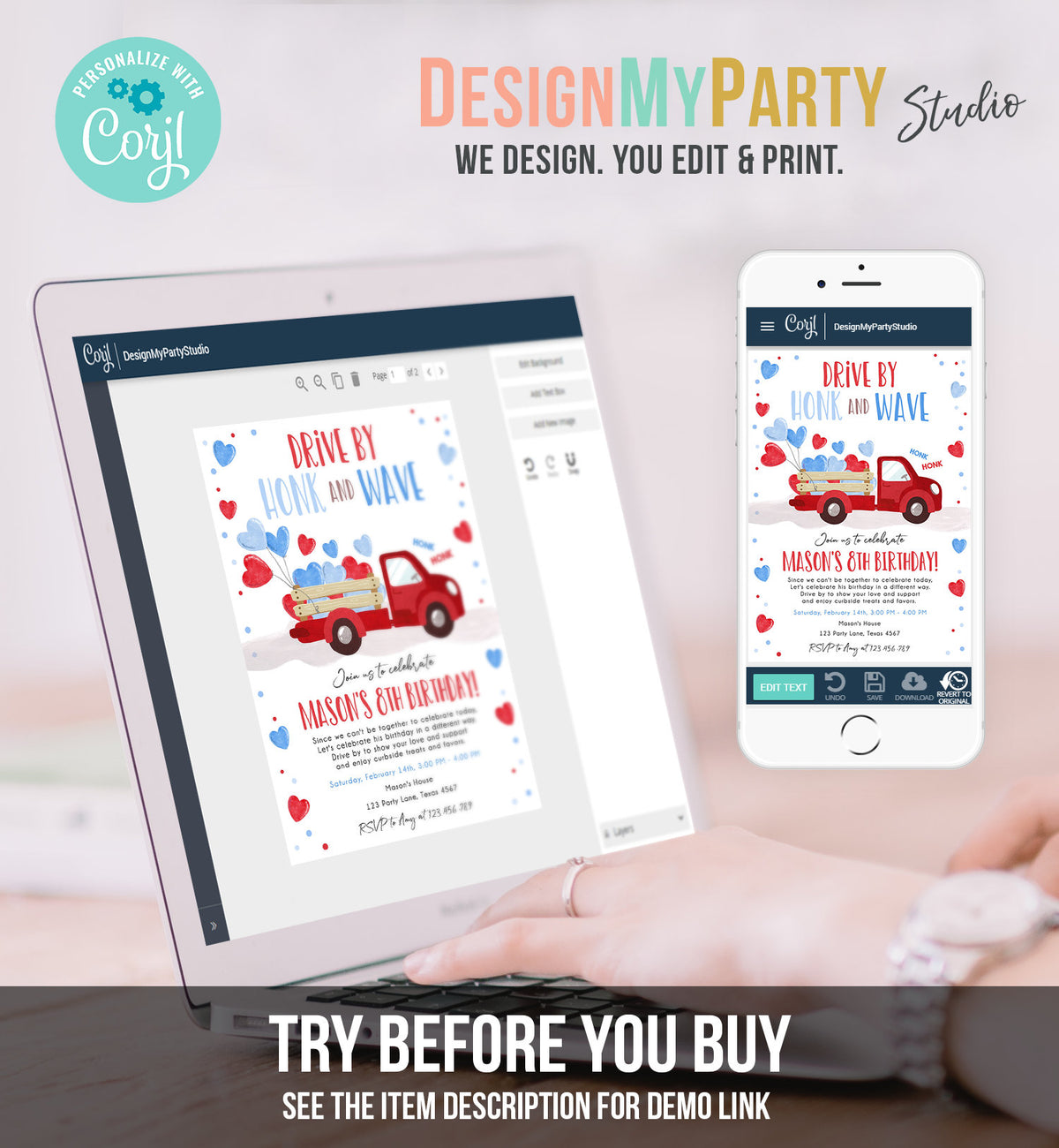 Editable Little Heartbreaker Drive By Birthday Invitation Valentine Boy Sweetheart Red Blue Drive Through Corjl Template Printable 0365