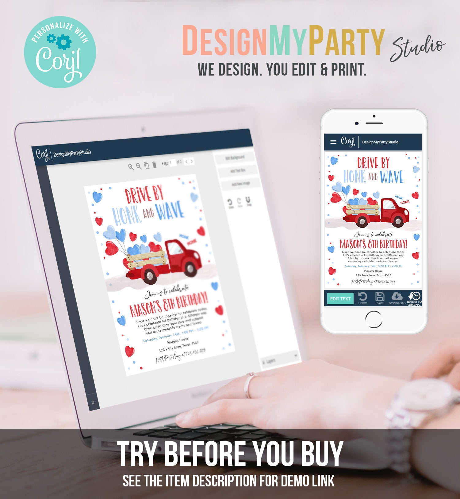 Editable Little Heartbreaker Drive By Birthday Invitation Valentine Boy Sweetheart Red Blue Drive Through Corjl Template Printable 0365