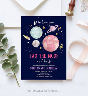 Editable Two the Moon 2nd Birthday Invitation Girl Pink Space Love you Two the moon Galaxy Download Printable Template Digital Corjl 0357