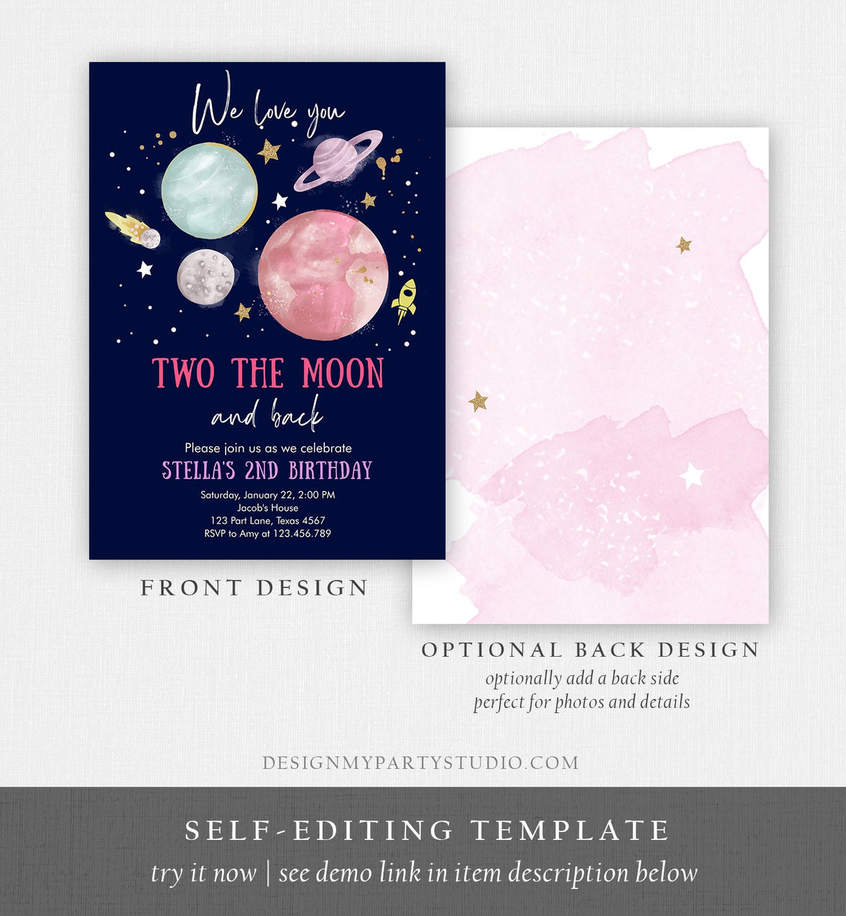 Editable Two the Moon 2nd Birthday Invitation Girl Pink Space Love you Two the moon Galaxy Download Printable Template Digital Corjl 0357