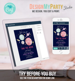 Editable Two the Moon 2nd Birthday Invitation Girl Pink Space Love you Two the moon Galaxy Download Printable Template Digital Corjl 0357