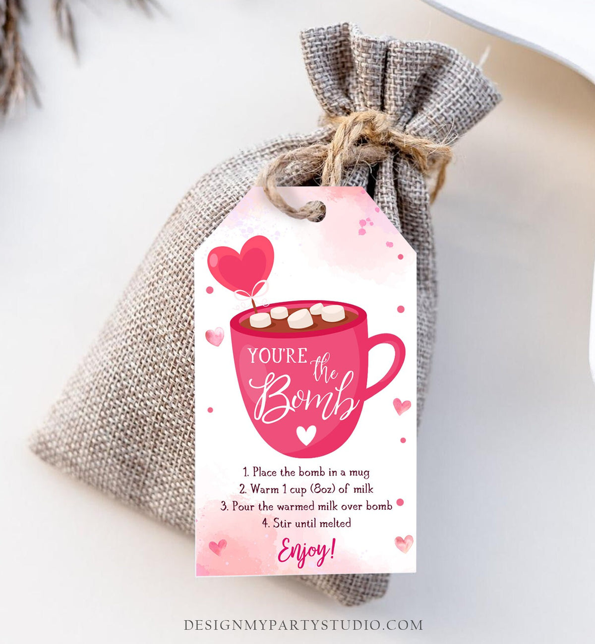 Editable Hot Chocolate Bomb Tag Valentine&#39;s Day Hot Cocoa Bomb You&#39;re The Bomb Heart Pink Valentine Gift Tag Digital Download Printable 0370