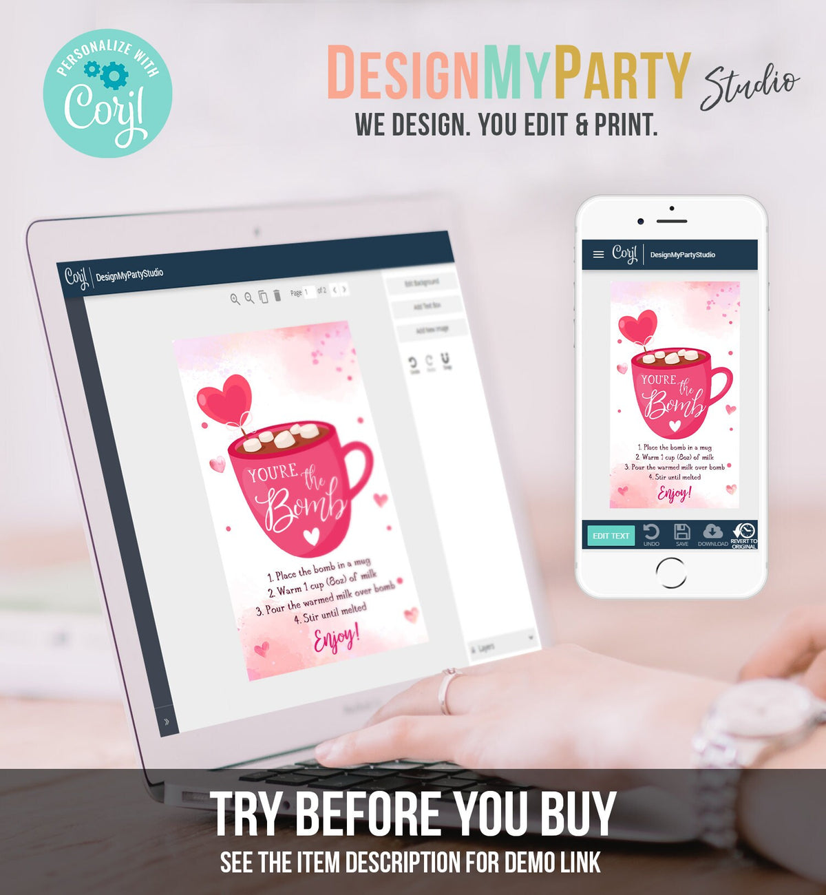 Editable Hot Chocolate Bomb Tag Valentine&#39;s Day Hot Cocoa Bomb You&#39;re The Bomb Heart Pink Valentine Gift Tag Digital Download Printable 0370