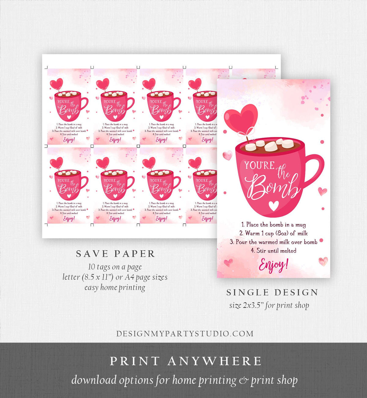 Editable Hot Chocolate Bomb Tag Valentine&#39;s Day Hot Cocoa Bomb You&#39;re The Bomb Heart Pink Valentine Gift Tag Digital Download Printable 0370