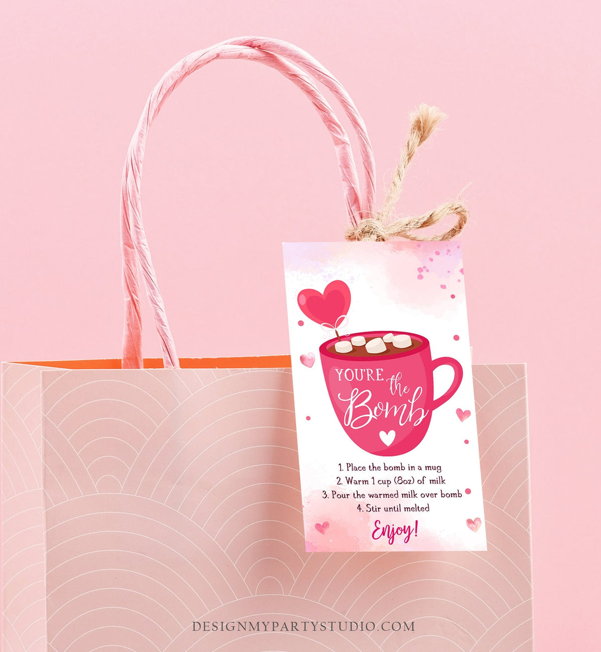 Editable Hot Chocolate Bomb Tag Valentine&#39;s Day Hot Cocoa Bomb You&#39;re The Bomb Heart Pink Valentine Gift Tag Digital Download Printable 0370