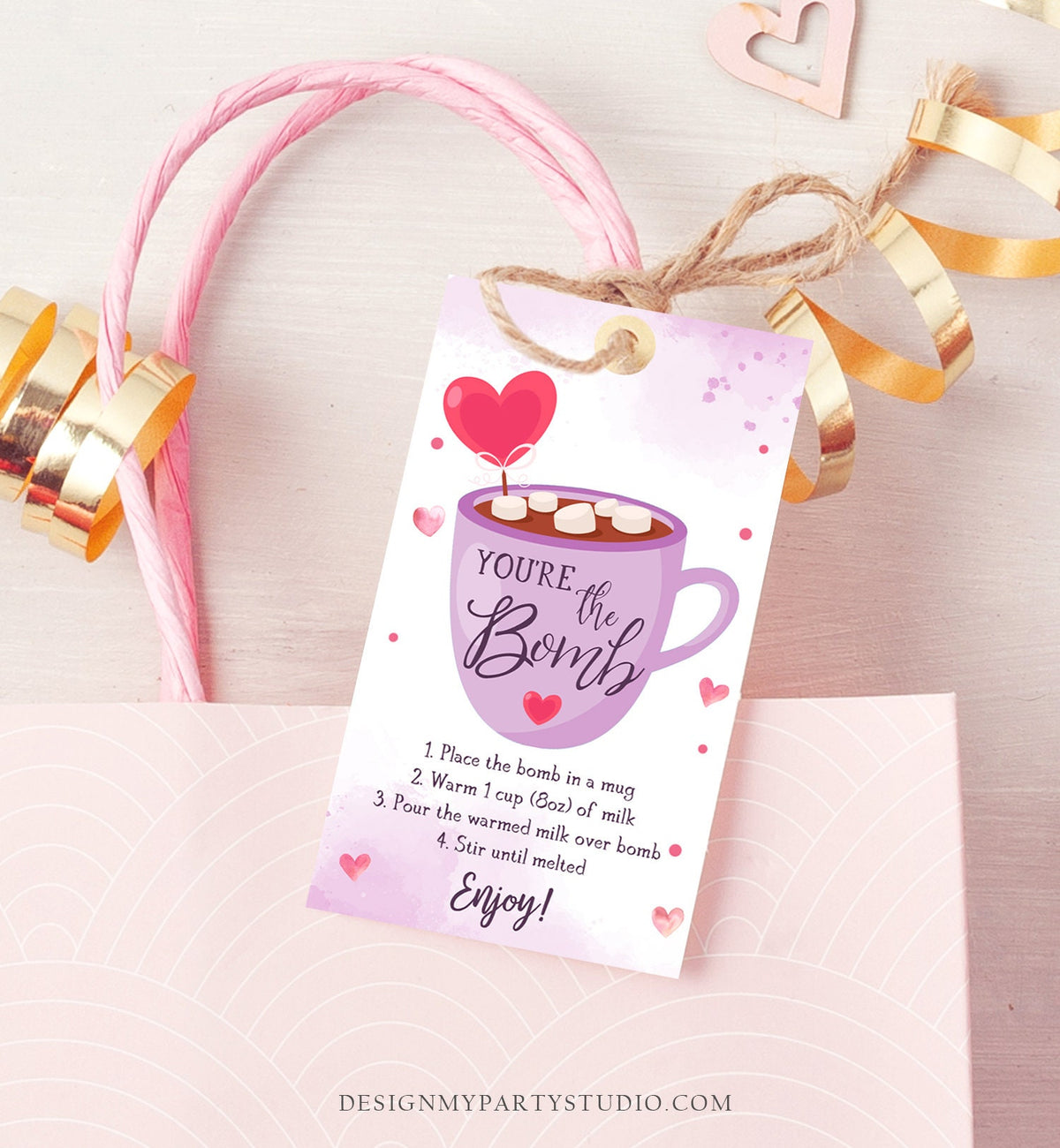 Editable Hot Chocolate Bomb Tag Valentine&#39;s Day Hot Cocoa Bomb You&#39;re The Bomb Heart Purple Valentine Gift Digital Download Printable 0370